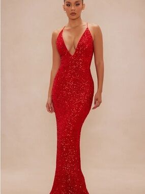 Red Sequin V-Neck Evening Gown